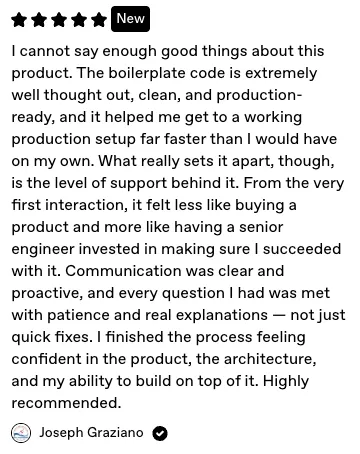 5-star review on Gumroad praising ShipAddons boilerplate